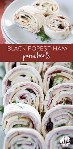 black forest ham pinwheels on a white plate