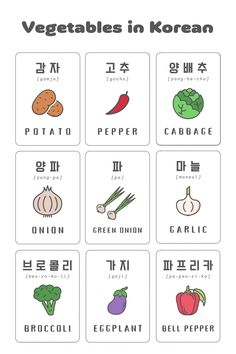 the vegetables in korean are labeled with their names