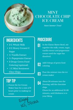 mint chocolate chip ice cream recipe on a blue background with information about the ingredients and how to use it