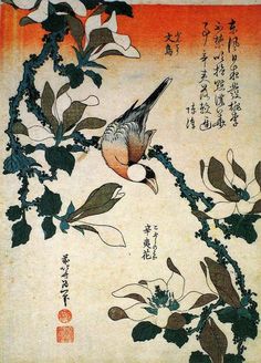 Javanese Sparrow & Magnolia by Hokusai Tattoo Ideas Japanese, Japanese Art Aesthetic, Hokusai Paintings, Java Sparrow, Japanese Tattoo Ideas, Tattoo Japanese Style, Los Angeles Tattoo, La Tattoo