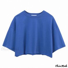 Olivia Mark - Cotton Short-Sleeved Solid Color Crop Top with Round Neck for Sports Wear