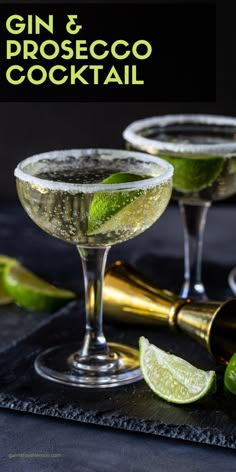 gin elderflower prosciuco cocktails in coupe glasses garnished with lime wedges