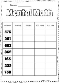 the printable worksheet for mental math