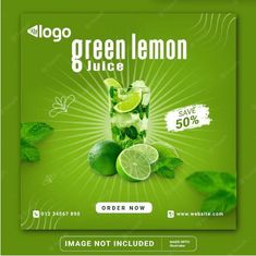 a green lemon juice ad with limes and mint leaves on the side, in front of a bright green background