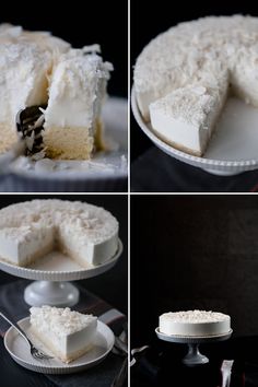 four different pictures of a cake with white frosting and one slice missing from it