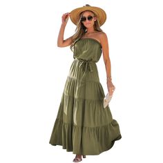 This Olive Green Belted Tube Maxi Dress for Women offers a stylish strapless, long beach holiday look. The A-line silhouette is perfect for the summer season. SPECIFICATIONS Waistline: Loose Waist Type: Regular Style: Casual Sleeve Style: Strapless Sleeve Length(Cm): Sleeveless Silhouette: A-LINE Pattern Type: Solid Occasion: Work Business Party Wedding Evening Vintage Cocktail Picnic Holiday Beach Outing Neckline: Strapless Material Composition: Synthetic Fiber Material: Rayon Length: Ankle/Max Summer A-line Maxi Dress For Beach Season, Off-shoulder Tube Top For Beach Spring Season, Off-shoulder Tube Top For Beach In Spring, Spring Beach Off-shoulder Tube Top, Off-shoulder Tube Top For Summer Beach, Summer Strapless Dress For Beach Cover-up, Strapless Summer Dress For Beach Cover-up, Beach A-line Sundress, Chic Strapless Dress For Beach Party