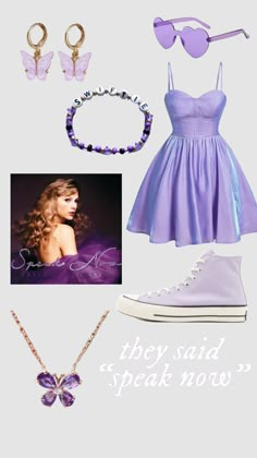 a purple dress and accessories are featured in this image