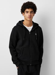 Ensemble Ralph Lauren, Men’s Zip Up Hoodie Outfit, Polo Sweater Zip Up, Hoddies Outfits Men, Black Polo Zip Up Hoodie, Polo Tracksuit, Black Zip Up Sweater, Plain Black Zip Up Hoodie, Black Half-zip Hoodie With Drawstring Hood