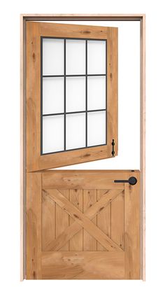 an open wooden door with windows on the side