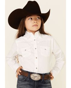 100% cotton. Embroidered yokes. Snap placket. Long sleeves. Pearlized snap buttons. Floral and filigree embroidered design. Front snap flap pockets. Western Style White Embroidered Top, White Embroidered Western Top, Girls Western Wear, Vintage Fringe, Boot Barn, Embellished Shirt, Cowgirl Shirts, Western Shirt, Work Shirts