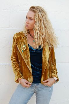 Crushed Panne Jacket in Gold - SpiritedBoutiques Boho Hippie Boutique Style Jacket, BIZ Popped Collar, Bohemian Style Clothing, Drip Dry, Total Body, Winter Season, Shoulder Pads, Bohemian Style, Highlights, Sleeve Length