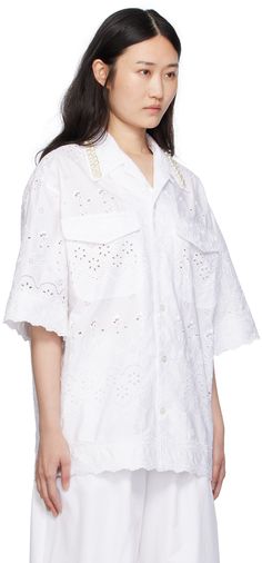 Cotton poplin shirt. Broderie anglaise detailing throughout. · Faux-pearl accents at open spread collar · Button closure · Flap pockets · Scalloped edge at hem Supplier color: White/White/Pearl White Button-up Shirt With Broderie Anglaise, Summer Button-up Shirt With Broderie Anglaise, Designer Tops For Women, Cotton Poplin Shirt, Poplin Shirt, Scalloped Edge, White White, White Shop, White Pearl