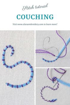 the instructions for stitching with blue and purple thread on white fabric, including an image of