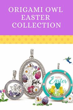 an easter egg is in the center of three pendants with flowers and butterflies on them