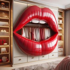 a woman's red lips are reflected in the mirror above her closet, which is filled with clothes