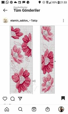 two cross stitch bookmarks with pink flowers on them, one has the same pattern as the