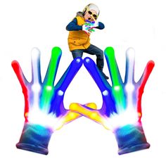 an image of a man on top of some colorful objects