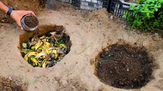 a person is digging dirt into a hole with plants in the ground and composthed