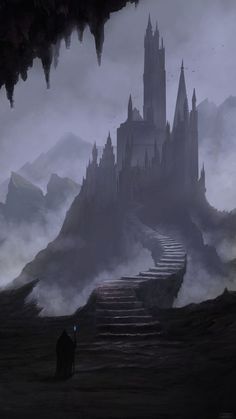 a castle in the sky with stairs leading up to it