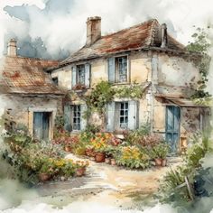 a watercolor painting of a house with potted plants and flowers in the front yard