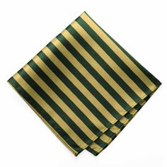 Alternating ribbed and satin stripes add to the charm of this hunter green and gold striped pocket square. It's one of our top picks for groomsmen attire, but it's quite dapper for everyday attire, too. Measures a large 12-inches square. Looks great with a solid tie, but matching neckties and bow ties are available, too. Product Features • Measures approximately 12" by 12" • Finished edges • Stripes measure approximately 0.375"• Colors are hunter green and gold • Made from 100% Polyester Microfi Green And Gold Pocket Square, Groomsmen Attire, Pocket Squares, Gold Stripes, Hunter Green, Bow Ties, Green Gold, Pocket Square, Team Colors