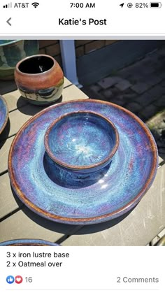 two blue plates sitting on top of a table next to each other and one is empty