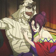 an anime scene with two people dressed in costumes and one is holding the arm of another person