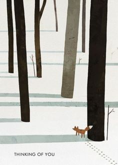 an illustration of a fox standing in the middle of a snow covered forest with trees