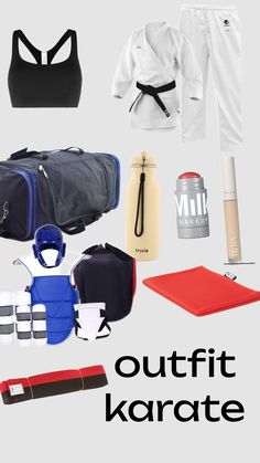 the contents of a women's sports brach and gym gear are shown in black, white, blue, and red