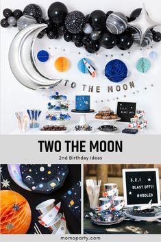 two the moon birthday party with black and white balloons, silver plates, and star decorations