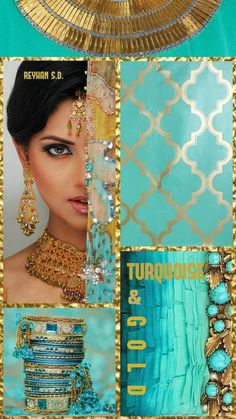 a collage of photos with gold and blue jewelry on it's sides, including an image of a woman