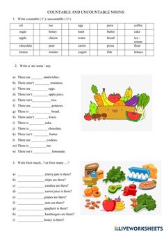 the worksheet is filled with words and pictures to help students understand what food they are