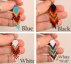 four pictures showing different colors of beaded earrings with white wolf logo on the bottom