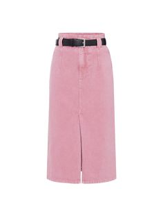 MO&Co. Women's Slit Detail Denim Skirt with Belt This denim skirt is made of comfortable pure cotton material. The straight and mid-length silhouette is both stylish and versatile, with front and back slits adding extra flair. A black belt cinches the waist for a flattering fit, while the soft pink hue adds a touch of femininity. Features : - Straight-cut midi silhouette- Slits on the front and back, include belt- Breathable cotton materails Code: MBD1SKT010The back length of size S is 75cmMATER Denim Skirt With Belt, Pink Denim Skirt, Pink Bottoms, Skirt With Belt, Tumblr Fashion, Denim Details, Pink Skirt, Really Cute Outfits, Comfortable Outfits