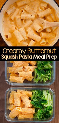 two plastic containers filled with pasta and broccoli on top of a wooden table