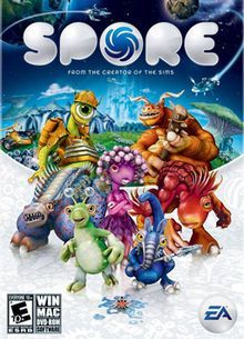 the coverart for spore from the creator of the sims, featuring monsters and aliens