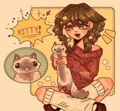 a drawing of a girl holding a cat in her lap with the caption kitty