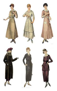 four women's dresses from the early 1900's and 1950's, all in different styles