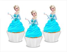 three cupcakes with blue frosting and an image of a frozen princess