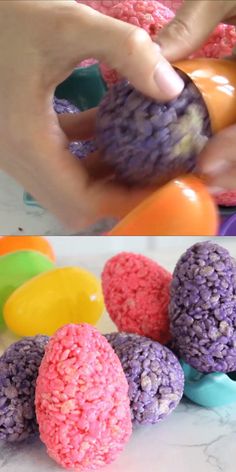 there are two pictures with different colored candies in them and one has an egg on it