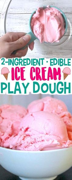 two ingredient edible ice cream play dough in a white bowl with pink icing on top