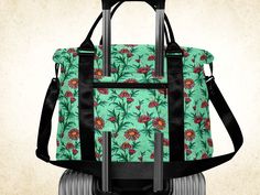 Pink daisies on mint green duffle bag, cute hippie travel bag with handles strap and trolley sleeve, floral patterned overnight bag women Mint Green Background, Pink Daisies, Perfect Travel Bag, Overnight Travel Bag, Sac Week End, Duffle Bags, Pink Daisy, Black Handle, Overnight Bag