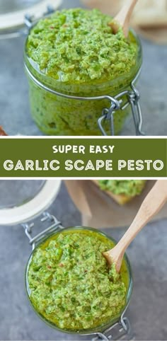 two jars filled with green pesto and the words super easy garlic sauce on top