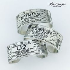 Turn your #ConcertTicket into a wearable memento. Any #band #concert or #event can be made into a #personalized #bracelet  #Jewelry #handmadejewelry #etsy #musthave #fashionjewelry #fashion #clothing #accessories #style #u2 #metallica #taylorswift #music Silver Band Bracelets For Concerts, Adjustable Metal Bracelets For Concerts, Personalized Band Jewelry For Gift, Personalized Jewelry Band For Gift, Silver Bracelet Jewelry For Concert, Silver Bracelet For Concerts, Customizable Adjustable Silver Wristband, Adjustable Bracelet Jewelry For Concerts, Adjustable Metal Wristband For Concerts