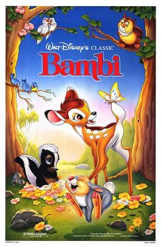 an advertisement for the movie's animated film, bambig with animals and trees