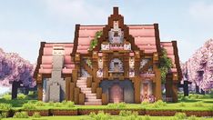 Cottages Minecraft Houses, Ldshadowlady Minecraft Houses, Pink Cafe Minecraft, Pink And Red Minecraft House, Cute Mansion Minecraft, Pink Survival House Minecraft, Bamboo Wood Minecraft, Cute Mc Houses Pink, Kawaii Mc Builds