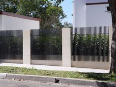 a black cat sitting on the side of a road next to a tall white fence