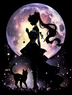 the silhouette of a girl and her cat in front of a full moon with stars