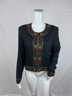 "Vintage 1980s Sequin Jacket By the Iconic Lawrence Kazar New York Full Sequins  Perfect Condition  Red, Gold and Green Floral Design Round Edge Unusual Full Fastening with Hook and Eye Cropped Measurements Marked Size Large Bust - 40\" Waist - 38\" Hips - 38\" Length - 20\" Sleeve - 23\"" Vintage Red Party Blazer, Vintage Red Outerwear For Evening, Vintage Fitted Outerwear For Festive Occasions, Vintage Winter Party Blazer, Vintage Party Blazer For Winter, Retro Winter Party Outerwear, Vintage Festive Party Outerwear, Festive Vintage Party Outerwear, Christmas Jacket