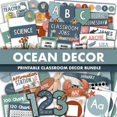 an ocean themed classroom decor bundle with the words ocean decor on it and various images